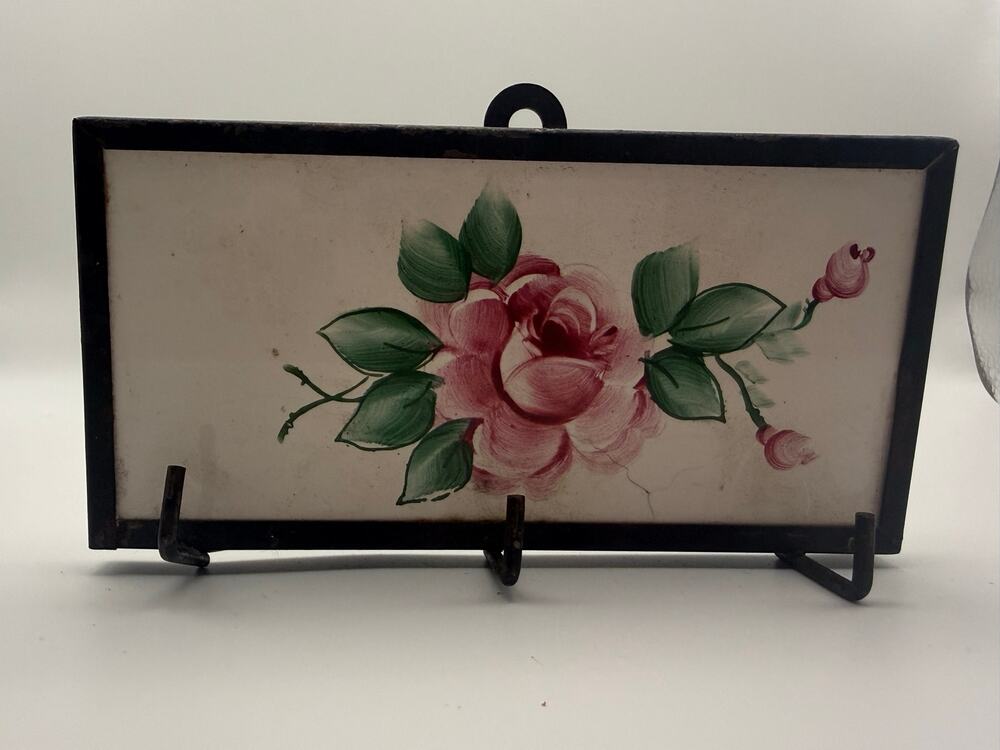 Vintage Hand Painted Porcelain Tile Framed Pink Rose Floral Wall Hanging Art